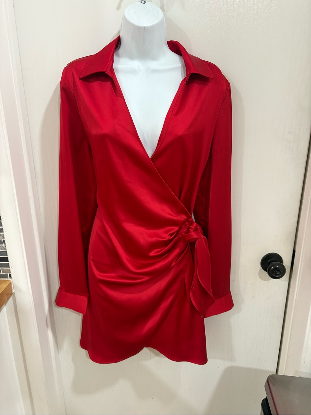 Red Satin evening Wrap Tie-Front Women's dress